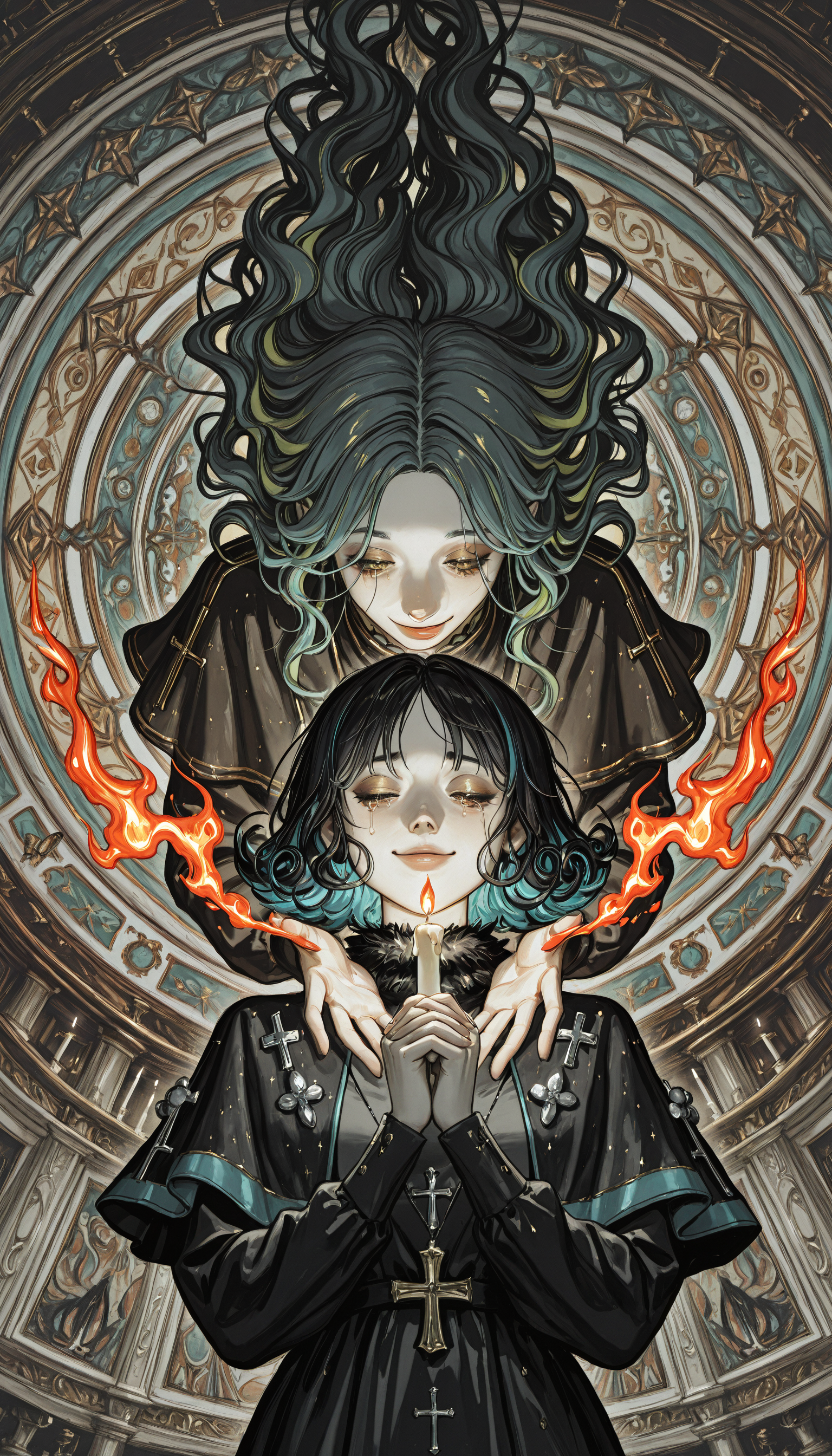 (JJ-Illu, re4lity_sync_illu,  fisheye, foreshortening, scenery, photo background, sketch, abstract_background, abstract_colors, guide_lines, bad_quality, traditional_media) 
long_hair, looking_at_viewer, smile, bangs, multiple_girls, black_hair, long_sleeves, original, 2girls, holding, green_eyes, blue_hair, closed_mouth, closed_eyes, yellow_eyes, flower, upper_body, green_hair, multicolored_hair, parted_lips, tears, hair_over_one_eye, black_dress, lips, two-tone_hair, grey_eyes, fur_trim, aqua_hair, parted_bangs, eyelashes, profile, makeup, capelet, floating_hair, colored_skin, wavy_hair, looking_down, half-closed_eyes, bug, cross, fire, own_hands_together, butterfly, pale_skin, portrait, pom_pom_(clothes), eyeshadow, curly_hair, colored_eyelashes, candle, limited_palette, flame, black_capelet, muted_color, surreal, abstract, praying