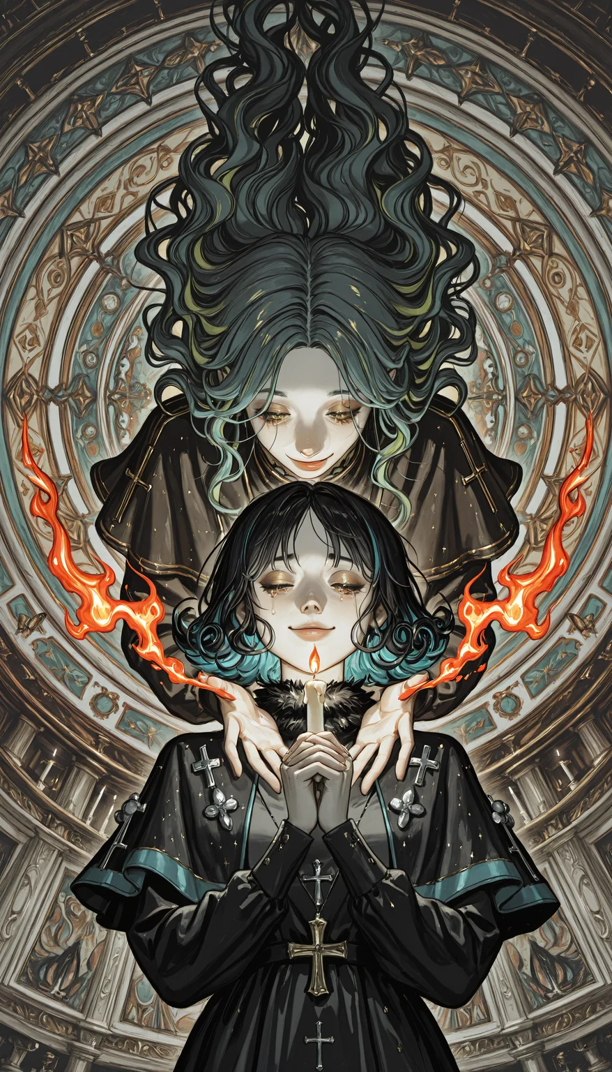 (JJ-Illu, re4lity_sync_illu, fisheye, foreshortening, scenery, photo background, sketch, abstract_background, abstract_colors, guide_lines, bad_quality, traditional_media)
long_hair, looking_at_viewer, smile, bangs, multiple_girls, black_hair, long_sleeves, original, 2girls, holding, green_eyes, blue_hair, closed_mouth, closed_eyes, yellow_eyes, flower, upper_body, green_hair, multicolored_hair, parted_lips, tears, hair_over_one_eye, black_dress, lips, two-tone_hair, grey_eyes, fur_trim, aqua_hair, parted_bangs, eyelashes, profile, makeup, capelet, floating_hair, colored_skin, wavy_hair, looking_down, half-closed_eyes, bug, cross, fire, own_hands_together, butterfly, pale_skin, portrait, pom_pom_(clothes), eyeshadow, curly_hair, colored_eyelashes, candle, limited_palette, flame, black_capelet, muted_color, surreal, abstract, praying