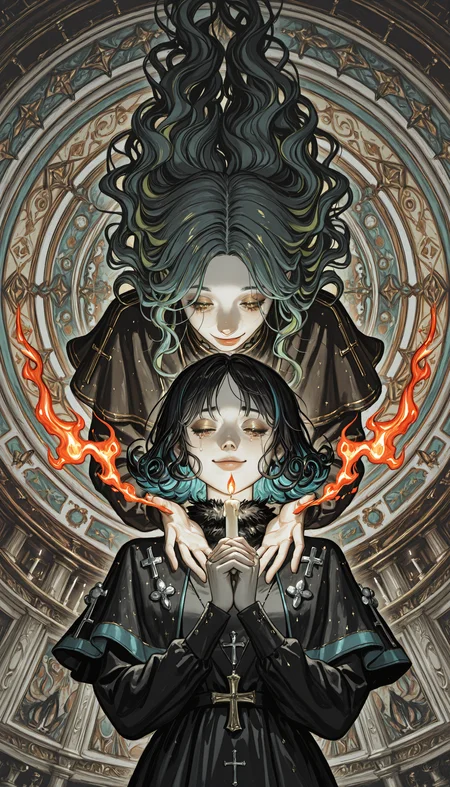 (JJ-Illu, re4lity_sync_illu, fisheye, foreshortening, scenery, photo background, sketch, abstract_background, abstract_colors, guide_lines, bad_quality, traditional_media)
long_hair, looking_at_viewer, smile, bangs, multiple_girls, black_hair, long_sleeves, original, 2girls, holding, green_eyes, blue_hair, closed_mouth, closed_eyes, yellow_eyes, flower, upper_body, green_hair, multicolored_hair, parted_lips, tears, hair_over_one_eye, black_dress, lips, two-tone_hair, grey_eyes, fur_trim, aqua_hair, parted_bangs, eyelashes, profile, makeup, capelet, floating_hair, colored_skin, wavy_hair, looking_down, half-closed_eyes, bug, cross, fire, own_hands_together, butterfly, pale_skin, portrait, pom_pom_(clothes), eyeshadow, curly_hair, colored_eyelashes, candle, limited_palette, flame, black_capelet, muted_color, surreal, abstract, praying