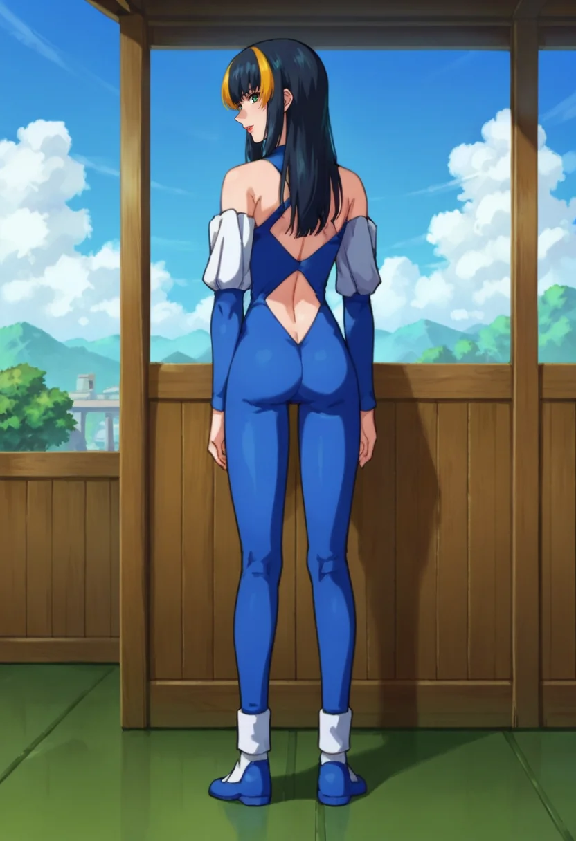 score_9,score_8_up,score_7_up,score_6_up,score_5_up,score_4_up,anime coloring,source_anime,<lora:Aisha_Gundam_SEED_Pony:0.7>,aisha,1girl,solo,green eyes,black hair,streaked hair,long hair,lipstick,blue bodysuit,clothing cutout,bare shoulders,detached sleeves,blue shoes,standing,arms_behind_back,terrace,sky,looking_back,from behind,