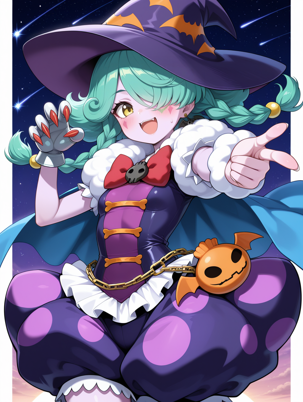 single glove, claws,abyss actor - leading lady,1girl,solo,hair over one eye,star \(symbol\),pointing,open mouth,smile,blush,looking at viewer,bat bag,purple skin,skull hair ornament,purple witch hat,red bow,purple dress,purple bloomers,,single legwear,single wrist cuff,bat earrings,blue cape, shooting star, 
masterpiece,best quality,amazing quality,very aesthetic,absurdres,newest,<lora:Abyss Actor - Leading Lady illusXL v1.2:0.72>,