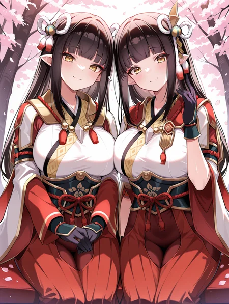 twins,minoto,hinoa,2girls,large breasts,cherry blossoms,red eyeliner,petals,looking at viewer,smile,sidelocks,side hair ornament,white japanese clothes,black partially fingerless gloves,red hakama skirt,double hair ornament,white kimono,red sleeves,black gloves,
masterpiece,best quality,amazing quality,very aesthetic,absurdres,newest,<lora:Minoto and Hinoa illuXL v1.1:0.8>,