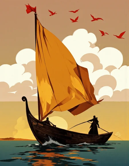 Art by Riccardo Guasco. A digital illustration shoot from the side about a serene scene depicting a silhouette of a man standing on a small boat in the middle of the image, holding a long, curved staff, with a large, folded yellow sail billowing in the wind. the man, who appears to be in his early twenties, is facing away from the viewer, with his full body visible. he is wearing a black outfit and has a determined expression on his face. the background is a gradient of warm colors, with the sun setting behind the horizon, casting a golden glow over the scene. the sky is filled with fluffy white clouds, and a few red birds are flying in the air, adding a sense of movement and life to the image. the water is a deep blue-green color, reflecting the warm colors of the sky and the man's silhouette. the overall style is reminiscent of classic illustrations, with bold outlines and vibrant colors that bring the scene to life.