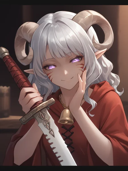 tavern, close up,
source_furry, score_7_up, rating_safe, source_anime,anime face,<lora:whisker_markings:0.8>red whisker_markings, silver long wavy hair, bell necklace, short pointy ears, purple eyes, <lora:age_slider_v4:0.6>
<lora:Smooth Style 2 SDXL_LoRA_Pony Diffusion V6 XL:0.3> smile, cowboy shot,
<lora:Test_Diana:0.8> tiefling_bard_diana, <lora:INKxXmo shaded face:0.4> INKxXmo Dark Theme, Shaded Face <lora:sword_breaker_r1-000006:1.2>,
sword_breaker:1.4, holding sword_breaker:1.3, saw blade:1.4 hands up, <lora:polki:0.4>
