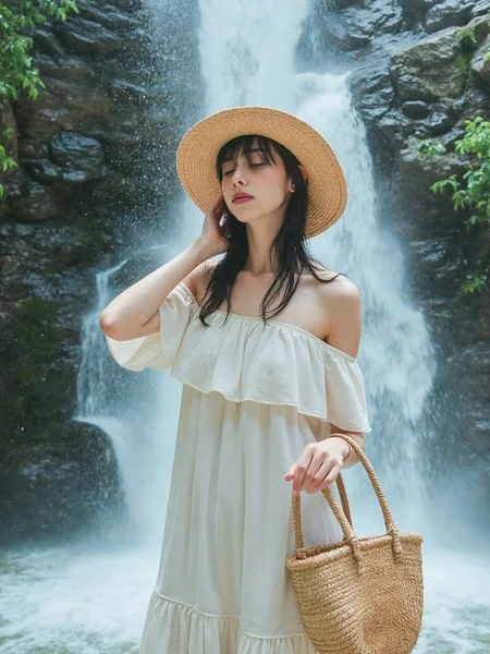 There are wonderful studio lights and various reflections,
18yo beautiful cute girl with blushing and female orgasm.skin naturally showing the texture of blood vessels and detailed pale skin,
--,
<lora:Nakajo_Ayami_f1:1>,she is Nakajo Ayami,
(Ruffled_off-the-shoulder_dress:1.5),(Straw_hat:1.4),(Basket_woven_bag:1.3), Ultra wide-angle lens photography,A huge waterfall flowed down from the clouds. She was washed by the powerful water flow,her whole body was wet,and water splashed everywhere. She closed her eyes,calm and relaxed. The water splashed on her body and bounced,causing light to reflect. The water droplets outlined her sexy and graceful body curves.,, #天éçå¸