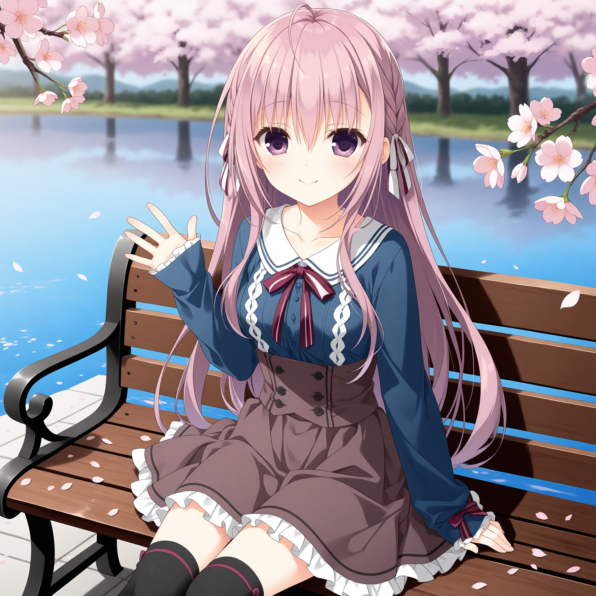 <lora:Sakizaki_Sakurako_1_nai-000049:1>,Sakizaki Sakurako,
black thighhighs,frills,brown skirt,long sleeves,frilled skirt,red ribbon,over-kneehighs,jacket,collarbone,blue shirt,white ribbon,sleeves past wrists,
1girl,solo,smile,sitting,on bench,waving,front view,looking at viewer,depth of field,cherry blossoms,lake,falling petals,