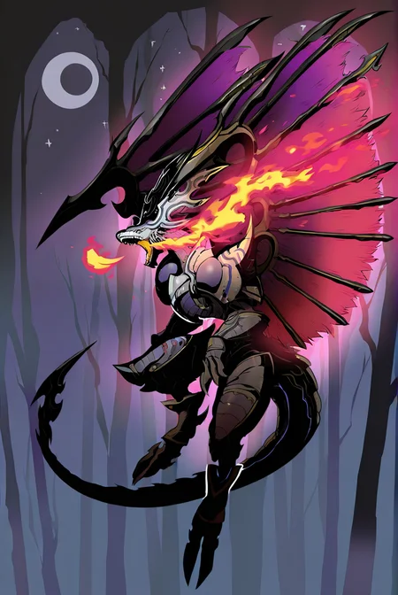 highres, best quality, masterpiece, very aesthetic, newest,solo,dorugoramon,wings,horns,tail,final fantasy, full color,intricate linework,hard shadow,shaded face,full body,vivid detail,gothic,breathing fire,flame aura,outdoors,forest,trees,crescent moon, moon,stars, <lora:DorugoramonIllustrious:1>