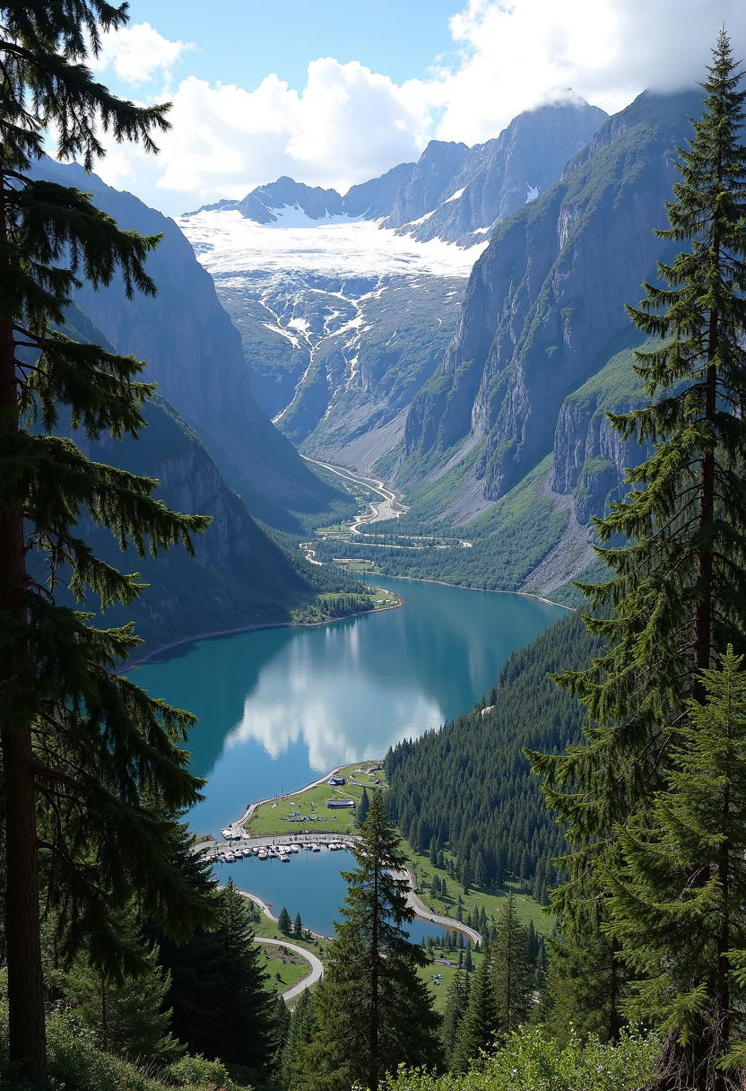 create a highly detailed, high resolution photo of a mountain glacier overlooking a breathtaking Norwegian fjord. Beautiful large conifers line the majestic lake, which outlets to a small river winding down the landscape. <lora:flux.1_lora_flyway_Epic-detail_v2:0.8>