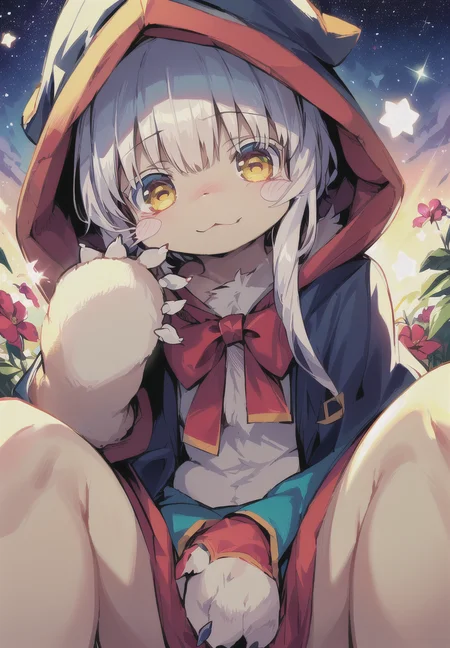 (masterpiece:1.3), (2D:1.0), (anime:1.0), (illustration:1.0), (sharp:1.2),
(hard light:1.0), (shadow:1.0),(reflection, refraction:0.8), (light rays, dappled light, light glare, lens flare, Tyndall effect:1.0),
(clear, shiny:1.0),
(best quality:1.2), (ultra-detailed:1.0), (extremely intricate:1.0),
(blurry foreground,cinematic light,ray tracing:1.1),
(bright_colors,dark_intense_shadows:1.3),
(impasto,outline,colorful:1.3),
(blurry,bloom, overexporsure:1.0),
(warm_light_from_below,glow_white_particles:1.2),
(granblue_fantasy_\(style\):1.1).
<lora:nanachiMadeInAbyss_charNanachi:1>
(young_female,11_years_old:1.5),1girl,cub,anthro,uploaded_on_e621,furry_kemono,furry_female,(detailed_fluffy_fur,tuft,body_fur:1.5),(fluffy_big_tail:1.3),animal_nose,animal_ear_fluff,(fluffy_paws,pawpads,animal_hand:1.3),kawaii,cute,fancy,fragile,oil,handsome,solo,(upper_body,cowbow_shot:1.3),female_focus,blue_clothes,(hooded_cloak,hood_down:1.5),one_eye_closed,closed_mouth,smile,light_blush,hands_up,holding_star,bottomless,(knees_together_feet_apart,sitting:1.2),looking_at_viewer.
(night,starry_sky,crescent_moon,star_\(sky\),gem,plant, star_\(symbol\),sparkle),outdoors, scenery.