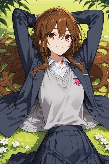 score_9, score_8_up, score_7_up, hand up,
1girl, (solo), kyouko hori, long hair, bangs, brown hair, hair between eyes, brown eyes, shirt, school uniform, jacket, blazer, sweater, grey sweater, white shirt, black blazer, huge eyes, long sweater,
narrow waist, medium breasts,
light smile,
cowboy shot,
lying, arms behind head, on grass,
<lora:kyouko-hori-s2-ponyxl-lora-nochekaiser:1>, <lora:wada_arco_PonyXL_style_v01:0.5>, <lora:pixivtext2:0.4>, <lora:urushihara-lora04_PonyXL:0.4>, <lora:gg3:0.5>, <lora:Sinozick_Style_XL_Pony:0.3>, <lora:DefaultZ17:0.5>