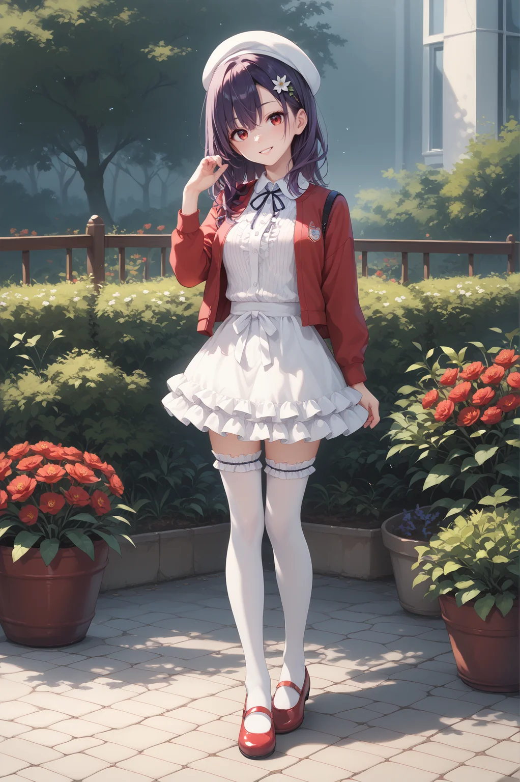 score_9, score_8_up, score_7_up, score_6_up, score_5_up, score_4_up,anime,
youko(ensemble), purple hair,black hair, long hair, red eyes, hair flower, hair between eyes, hair ornament, shiny hair,smile,
katouclothes, white headwear,beret, red jacket, jacket, frilled white thighhighs, neck ribbon, frilled skirt, mary janes, red footwear,
standing,garden, full body,outstretched arm, <lora:youko(ensemble)XLPony:1>,<lora:katouclothesXLPony:1>