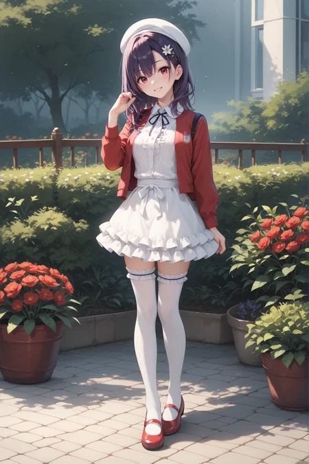 score_9, score_8_up, score_7_up, score_6_up, score_5_up, score_4_up,anime,
youko(ensemble), purple hair,black hair, long hair, red eyes, hair flower, hair between eyes, hair ornament, shiny hair,smile,
katouclothes, white headwear,beret, red jacket, jacket, frilled white thighhighs, neck ribbon, frilled skirt, mary janes, red footwear,
standing,garden, full body,outstretched arm, <lora:youko(ensemble)XLPony:1>,<lora:katouclothesXLPony:1>