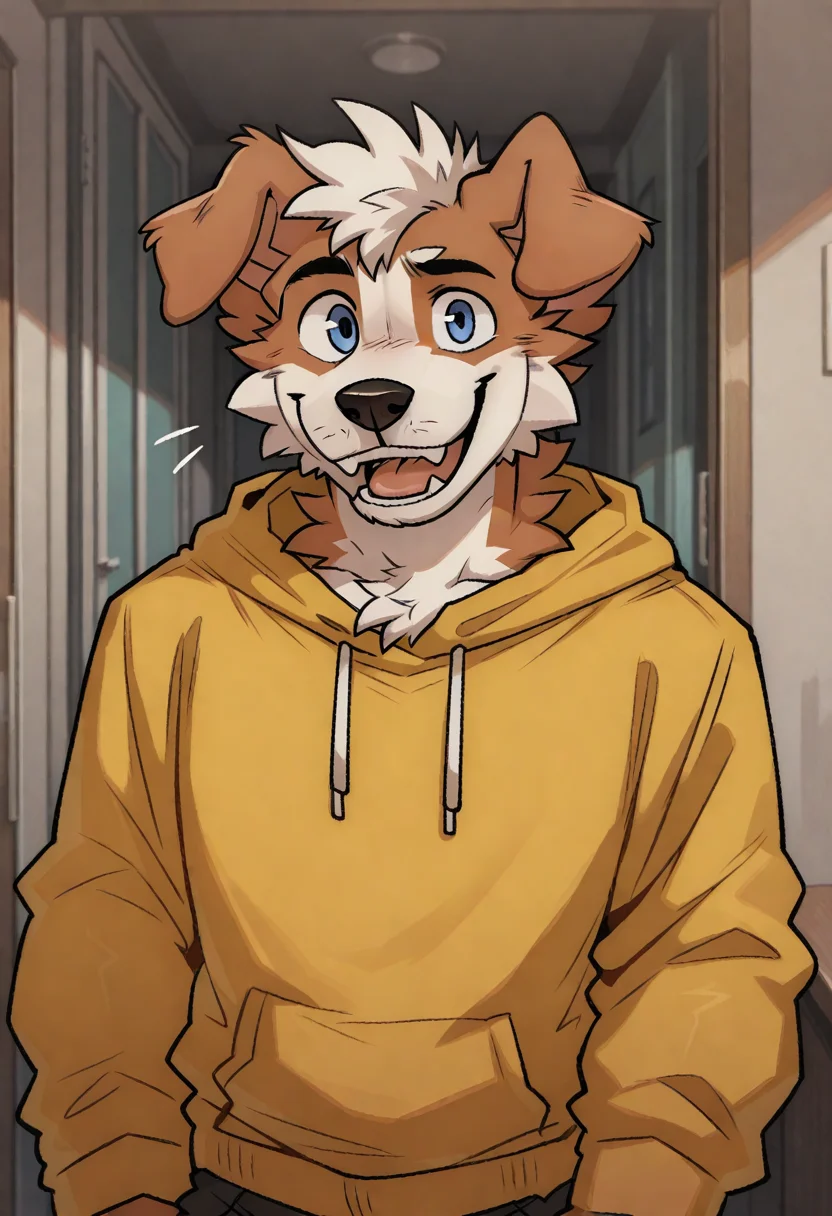 best quality, amazing quality, very aesthetic, absurdres, newest, by maggotnizer, michi_(oc), BREAK
furry, 1boy, solo, furry male, bara, male focus, furry, animal ears, floppy ears, dog boy, yellow hoodie, looking at viewer, happy, smile, fangs, <lora:Maggotnizer_style_Illustrious:1>, <lora:Michi_OC_Illustrious:0.7>