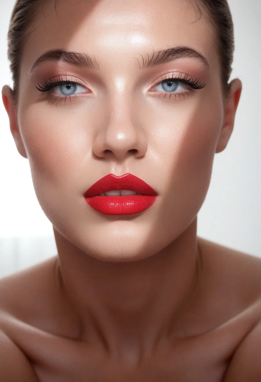 score_9, score_8_up, score_7_up, score_6_up, 
l1ght0nf4c3, lightonface, Light on Face, 1girl, solo, blue eyes, simple background, white background, teeth, lips, grey eyes, eyelashes, makeup, shadow, sunlight, lipstick, portrait, close-up, realistic, red lips