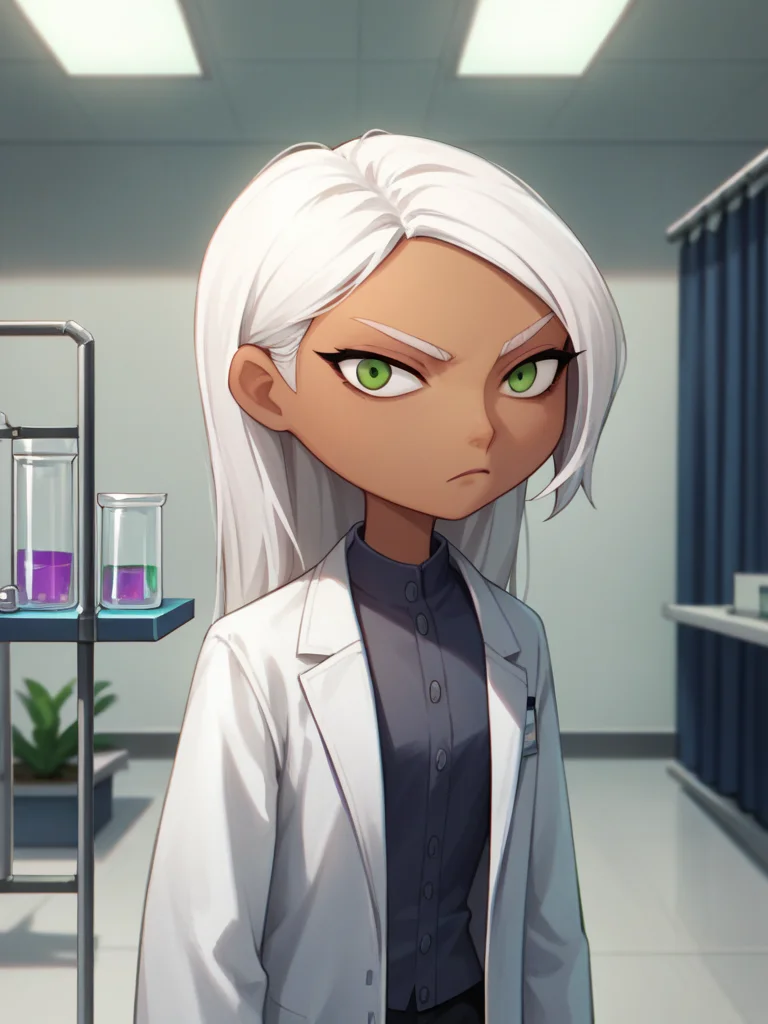 score_9, score_8_up,
1girl, mirage, white hair, long hair, green eyes, dark skin,
lab coat, black pants,
serious, solo, looking at viewer, indoors, standing, medical room, laboratory, vial on shelves <lora:MirageXLv2:1>