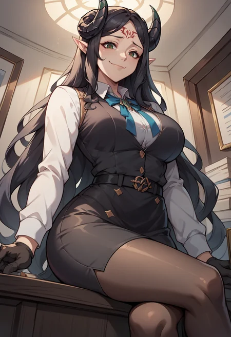 score_9, score_8_up, score_7_up,  source_anime, <lora:shamkr-ponyxl-beta1-08:1.0>, 1girl, shamkr, black horns, demon horns, sitting, forehead mark, parted bangs, red pupils, slit pupils, very long hair, indoors, headmistress, crossed legs, sitting, on desk, pencil skirt, collared shirt, office lady, short dress, black dress, black vest, long sleeves, white sleeves, sleeveless dress, black pantyhose, blue neck ribbon, cowboy shot, [[from below]], school, office, gold trim, closed mouth, light smile, disdain, looking at viewer, looking down, black belt, dress over shirt, black gloves, large breasts
