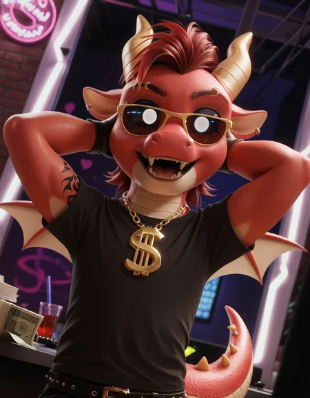 score_9, score_8_up, score_7_up BREAK source_furry, rating_safe, SSAO, detailed, detailed shadows, ambient occlusion, cinematic lighting, particles, graffiti, ray tracing, reflections, decals, masterpiece, best quality, ultra realistic, detailed eyes, 4k, 2k, film photography, RAW photo, photorealistic, analog style, subsurface scattering, photorealism, perfect eyes, perfect teeth, <lora:add-detail-xl:3.0>, <lora:fix_hands.safetensors:2.0>, <lora:sinfully_stylish_SDXL.safetensors:1.0>, <lora:AdvancedEnhancerXLv2.safetensors:1.0>, dutch angle, detailed eyes, (detailed background:1.2), anthro, <lora:Simon_Smoke_Poppy_Playtime.safetensors:0.9>, s1mon_sm0ke, 1boy, male, young, cute, dragon, scalie, horns, wings, solo, colored sclera, tail, open mouth, fangs, no humans, upper body, dollar sign necklace, looking at viewer, red hair, black sclera, big white eyes, full white pupil, black claws, eyebrow piercing, piercing, leather anklets with metal spikes, metal bands, clothed, closed mouth, gothic style, tattoo, makeup, black pants, cross, gothic, fingerless gloves with metal spikes, (nightclub, nightclub background, neon lights:1.1), sunglasses, close up, horny, seductive, money, holding, (chibi:1.2) (pov, hands behind head:1.15)