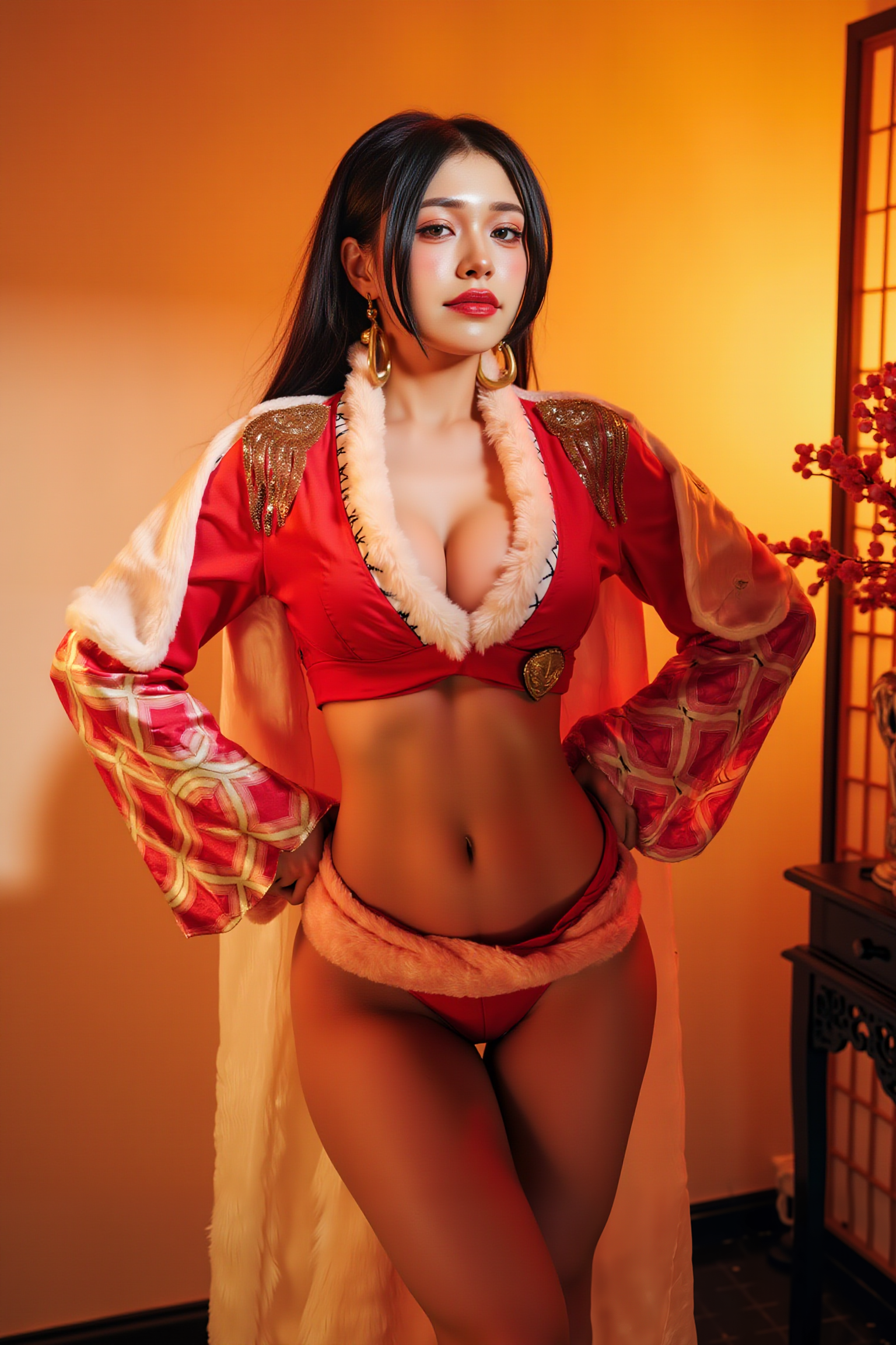Professional portrait capturing a young woman standing tall with hands gracefully resting on her hips. Her posture is strong yet feminine, with a gentle bend in one knee adding dynamic lines to her silhouette. Soft, directional lighting highlights the contours of her figure, showcasing poise and strength.

She is wearing SGWN40ClothingStyle1, a revealing, red outfit adorned with white fur and gold accents. Her makeup is dramatic, with dark eyeliner and bold, glossy pink lips. 

The lighting features a high-contrast, monochromatic white color scheme that creates a moody, intimate atmosphere. 

The photography technique uses what appears to be soft lighting to create a glamorous effect, with careful attention to highlighting contours while maintaining the dominant light yellow color scheme throughout the frame.

The overall aesthetic combines elements of fashion photography, traditional Asian visual motifs, and contemporary boudoir styling. The dramatic light yellow lighting creates a cohesive visual theme that ties all elements of the composition together.

The white light emit on her to show her feature.