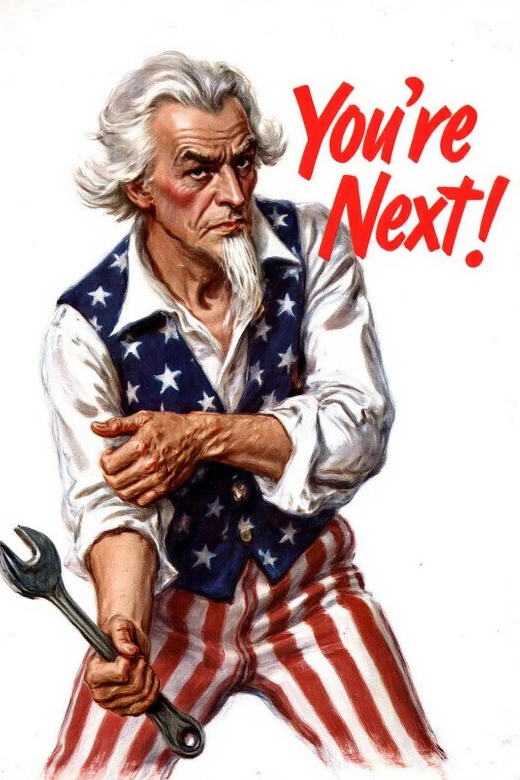 jamesmontgomeryflagg1 illustration.
WW2 Poster. Closeup of Uncle Sam, a tall thin man with white hair, wears a white shirt and a vest adorned with stars, along with red and white striped pants. He is swining a large wrench in his hand. The background is plain white. To the right of the person, bold red text reads "You're Next!" <lora:jamesmontgomeryflagg1_cap_d8a4e12:1.0><lora:859129535843541717:0>