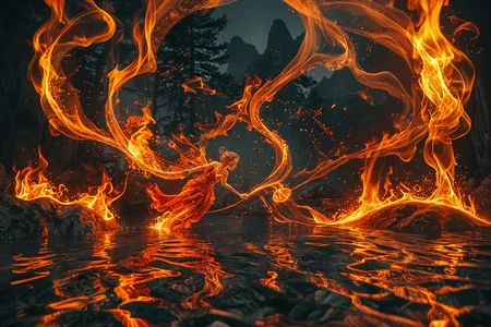 Close up photo of a ((fire fairy)) gliding over molten lava, reflections in the water, background volcanos, night scene. in the style of double exposure, Art Nouveau, long exposure, layered lines, chiaroscuro, absurdres, Long_Exposure ral-exposure, <lora:ral-exposure-sdxl:0.700000>
