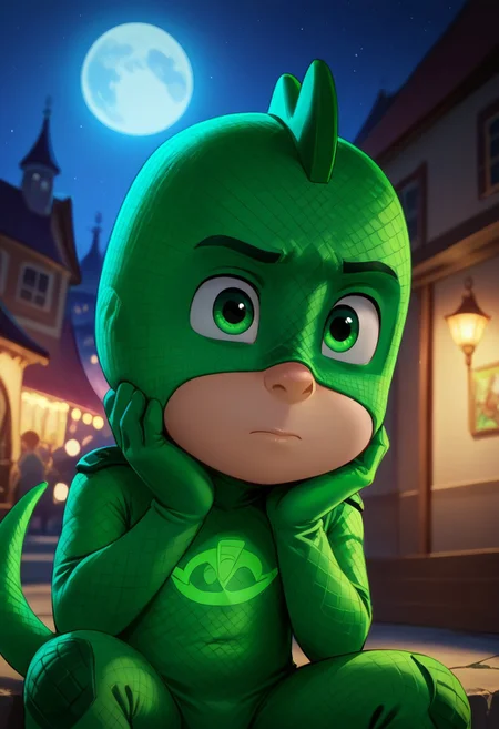 (score_9, score_8_up, score_7_up), highly detailed, cute boy, masterpiece, best quality, high quality, detailed, petite, flat chested, aged down, cute, kawaii, short, 1boy, solo, Gekko Costume, Green Bodysuit, Green Eyes, Mask, Tail, at night, strong, full moon, visible breath, sitting, hands under chin, dutch angle, perfect detail, perfect eyes, perfect face, perfect mouth, night time, moonlighting, indoors, city background, textured costume, bold lines, volumetric lighting, moon in background, ((blurred detailed background)), natural lighting, (ray tracing, good shadows), young