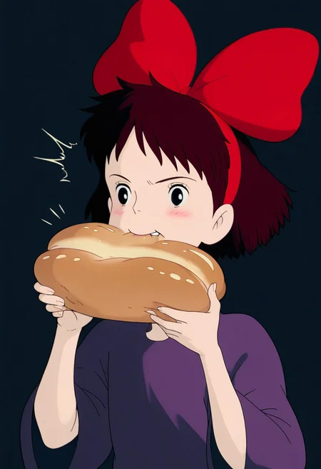 score_9, score_8_up, score_7_up, score_6_up, score_5_up, score_4_up, Expressiveh, ghibli_style, source_anime, anime_coloring, wide shot, BREAK
1girl, solo, majokiki, Kiki, very dark violet dress, red bow, hairband, hair bow, blush, dark brown hair, black eyes, cute, narrow shoulders, angry, biting into a loaf of bread, looking aside