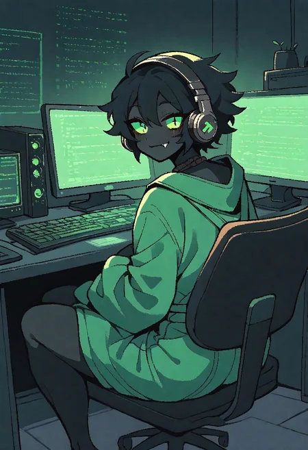 safe_pos, safe_pos, masterpiece, score_9_up, score_8_up, score_7_up, score_6_up, (best quality:1.1), ultra-detailed, high resolution, solo BREAK 1boy, Carne, black hair, green sclera, cute, girly, otoko no ko, black skin, body fur, looking at viewer, smile, fang, thick thighs, (round butt:1.0), green dress BREAK low light, c0mp, sitting, indoors, chair, computer, monitor, headphones, desk, from behind, 1keyboard, dark room BREAK Highly Visible, sharp focus, perfect lighting, anatomically correct, extremely detailed, high detail, Expressiveh, detailed background, OverallDetail, zPDXL3