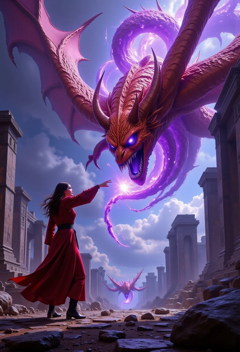 MurphFSF, Fantasy Realism, mesmerizing HDR highly detailed digital art, full-body portrait of an epic battle between two sides looking at each other, on the left side a beautiful focused 20-year old female mage throwing purple magic wearing red satin robe and boots, on the right side 1 big scary winged orange demon lord flying, the mage's purple magic is pushing the demon lord back, outside ancient ruins background, clouds, Cinematic style, Beauty, Realism, Photorealism, Chiaroscuro, High quality, digital illustration, high action pose, perfect pupils, insanely detailed faces, correct digits, realistic skin, intricately detailed, film grain, HD, 8k, volumetric lighting, clear volumetric lighting, perfect eyes, perfect pupils, expressive eyes