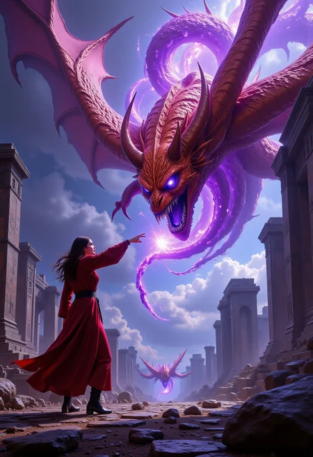 MurphFSF, Fantasy Realism, mesmerizing HDR highly detailed digital art, full-body portrait of an epic battle between two sides looking at each other, on the left side a beautiful focused 20-year old female mage throwing purple magic wearing red satin robe and boots, on the right side 1 big scary winged orange demon lord flying, the mage's purple magic is pushing the demon lord back, outside ancient ruins background, clouds, Cinematic style, Beauty, Realism, Photorealism, Chiaroscuro, High quality, digital illustration, high action pose, perfect pupils, insanely detailed faces, correct digits, realistic skin, intricately detailed, film grain, HD, 8k, volumetric lighting, clear volumetric lighting, perfect eyes, perfect pupils, expressive eyes
