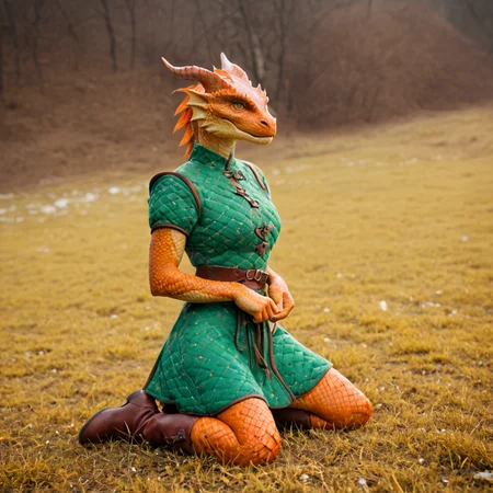 score_9, score_8_up, score_7_up, score_6_up, highly detailed, realistic lighting, fine textures, depth of field, 1 female, Dragonborn, furry dragon, orange Dragonborn, scales, wearing armor, gambeson, pale green armor, boots, skirt, cloth material, kneeling on the ground,  <lora:Gambeson_CyberPony:1>, <lora:Dragonborn:0.7>