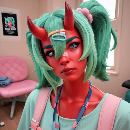 high quality, N4m14,1girl,solo,green hair,oni horns,twintails,hair ornament,hairclip,hair between eyes,blue eyes,bandaid on face,colored skin,red skin, looking at viewer, portrait, head tilt, fed up, indoors, id card photo, bored, frustrated, sexy, pastel color blouse