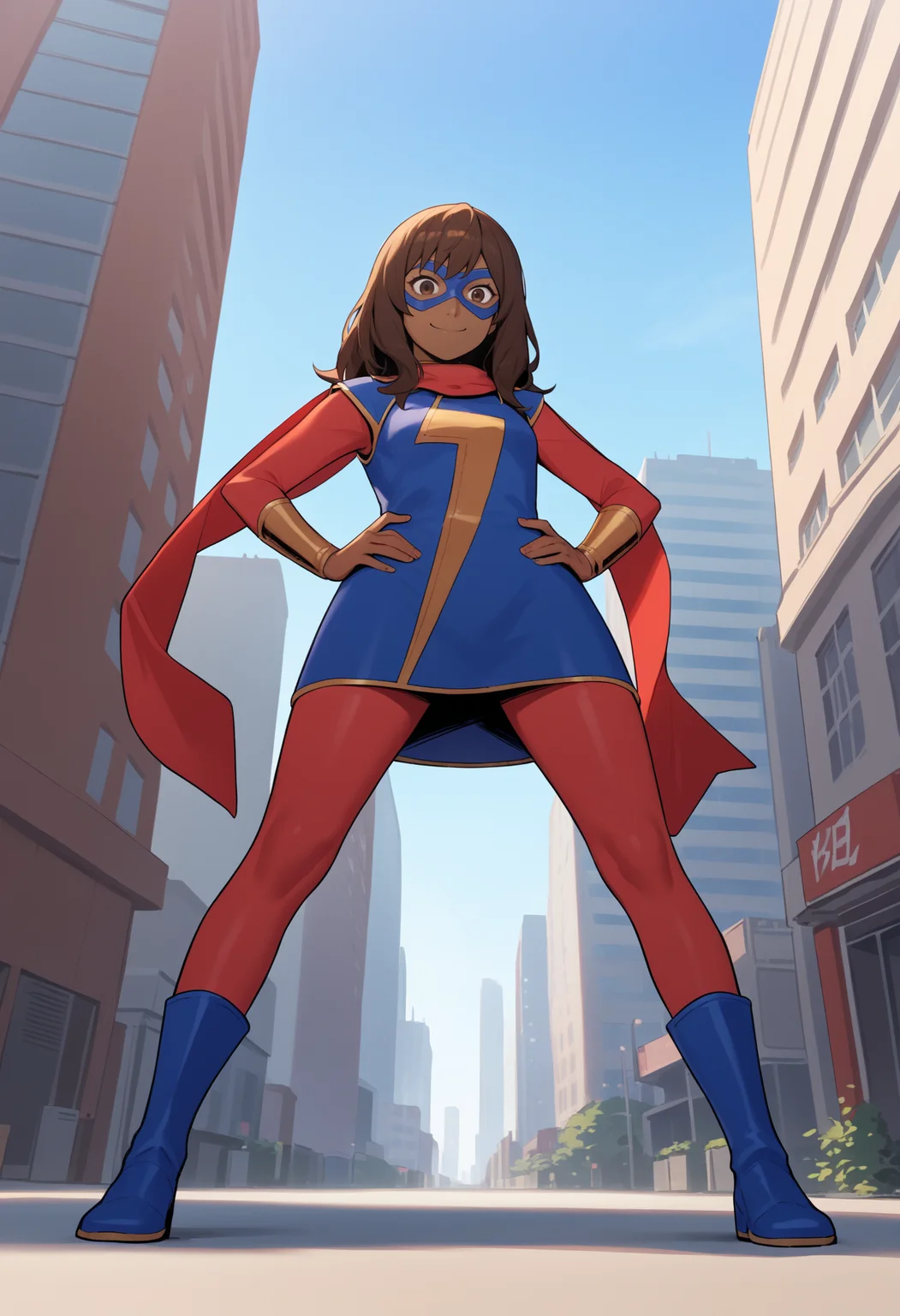 score_9, score_8_up, source_anime,
1girl, kamalakhan, brown hair, long hair, brown eyes, dark skin, mask,
red scarf, blue short dress, red pantyhose, bracers, blue boots, view from below,
hands on hips, smile, solo, standing, looking at viewer, buildings, street, new york street background <lora:KamalaKhanXL:1>