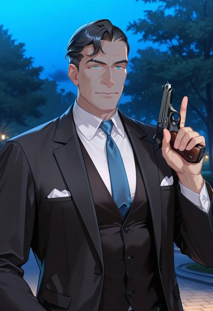 official art, masterpiece, best quality, absurdres, 1boy, male focus, solo, DE007, mature male, black hair, asymmetrical hair, asymmetrical bangs, single bang, aqua eyes, upper body, suit, formal, black jacket, open jacket, white shirt, black vest, blue necktie, necktie, outdoors, park, night, JBPis, holding gun, trigger discipline
