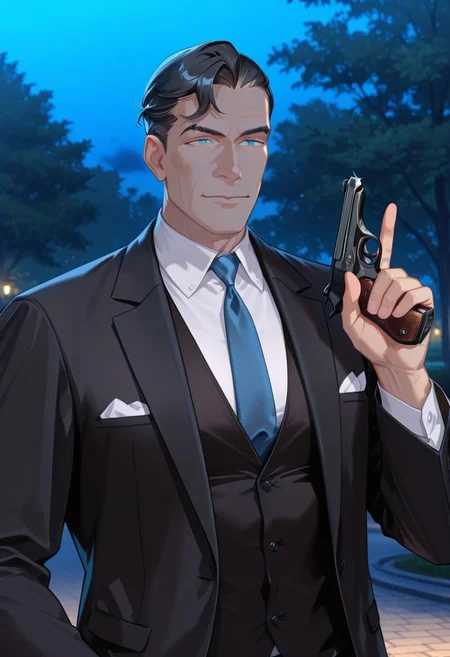 official art, masterpiece, best quality, absurdres, 1boy, male focus, solo, DE007, mature male, black hair, asymmetrical hair, asymmetrical bangs, single bang, aqua eyes, upper body, suit, formal, black jacket, open jacket, white shirt, black vest, blue necktie, necktie, outdoors, park, night, JBPis, holding gun, trigger discipline