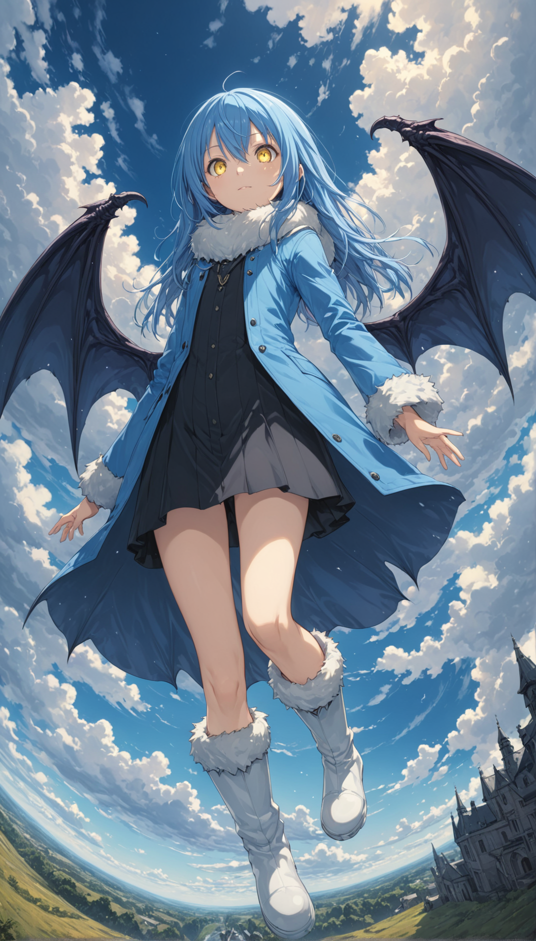 tsepmet_urumir_xl, rimuru tempest, wings, long hair, blue hair, solo, hair between eyes, fur trim, white fur collar, fur trimmed jacket, looking at viewer, full body, demon wings,
outdoors, (floating:1.2), cloudy sky, from below, depth of field, dutch angle, fur trimed boots,
(masterpiece, best quality:1.2), detailed Illustration, official artwork, wallpaper, official art, extremely detailed eyes and face, beautiful detailed eyes, yellow eyes,
<lora:Rimuru_Tempest_Character_XL:1>
<lora:IOS_Iridescent_opal_style:0.6>