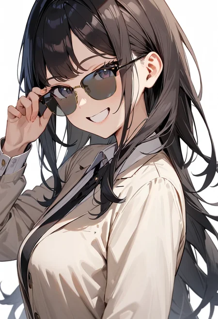 masterpiece, best quality, very aesthetic, absurdres,
1girl, solo, black hair, long hair,
sirmont, sunglasses, grey-tinted eyewear, brown-framed eyewear, yellow-framed eyewear, two-tone eyewear,
collared shirt, happy, smile, looking at viewer, adjusting eyewear, white background, simple background,
<lora:sunglasses_CLUBMASTER_SDXL_V1:1>