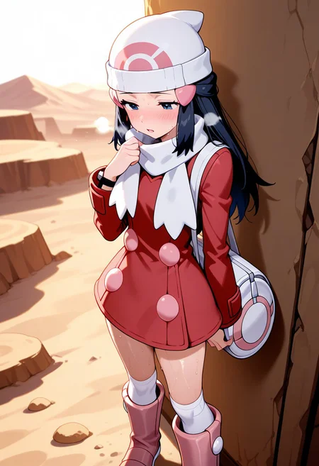 1girl,dawn_(Pokemon Platinum),desert landscape,(sunlight),heavy breathing,exhausted,very sweaty,black long hair,pink hairclip,white beanie,red coat,front right placket Peacoat,white scarf,white kneehighs,white duffel bag,pink boots,pink buttons on coat,bracelet in right hand,perfection style,masterpiece,best quality,amazing quality