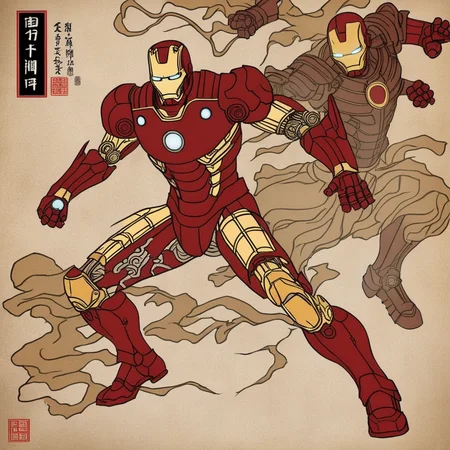The illustration vividly portrays Iron Man, but there's a unique twist. The armor Tony Stark is typically known for has been transformed by the traditional Japanese Ukiyo-e art style. Instead of the sleek, futuristic look, Iron Man's armor now boasts intricate patterns, ornate embellishments, and accessories reminiscent of samurai armor. The color palette harmoniously blends Iron Man's signature red and gold with muted, classical Ukiyo-e shades. Set against an aged and textured backdrop akin to old parchment or scrolls, the image perfectly captures a convergence of the modern superhero icon with ancient Japanese artistry, <lora:ukiyoe:0.75>