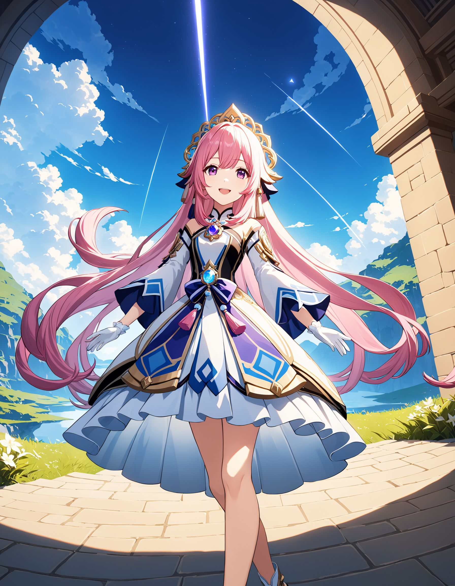 Hoyoearth, 1girl, solo, long hair, looking at viewer, smile, open mouth, bangs, simple background, hair ornament, gloves, white background, dress, very long hair, purple eyes, full body, pink hair, multicolored hair, frills, white gloves, wide sleeves, tassel, vision (genshin impact), half gloves, bow-shaped hair, very detailed, cinematic angle, outdoors, ultra sharp, rembrandt lighting, side lighting, cinematic shading, cinematic lighting, foreshortening, detailed background, Hoyoverse, masterpiece, best quality , official art , <lora:hoyoverse_SDXL:0.8>