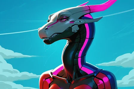 (iridescent, asian dragon, long neck:1.2) (synth (vader-san), cyborg:1.3), anthro, standing,seductive, female, synthetic, featureless breasts, small breasts, BREAK, rov, ecmajor,pgm300, bonifasko, newest, absurdres, highres, best quality, detailed, masterpiece, sharp focus, hi res, neoprene, neon, cyborg, onepiece, (1girl,solo,female,furry:1.3), BREAK blue sky,cloud,cloudy sky, score_9,score_8_up,score_8,source_furry, source_anime,rating_questionable, masterpiece,best quality, <lora:PonyQualityV1.3:0.8>, <lora:Expressive_H:0.65>,Expressiveh, <lora:incase---1:0.5>, <lora:g0th1cPXL:0.2>,g0thic, <lora:Bonifasco_PonyXL_v1:0.6>, <lora:cutesexyronutts_style_xl:0.8>,csr style, <lora:NoctFlatStyleV2:0.2>,