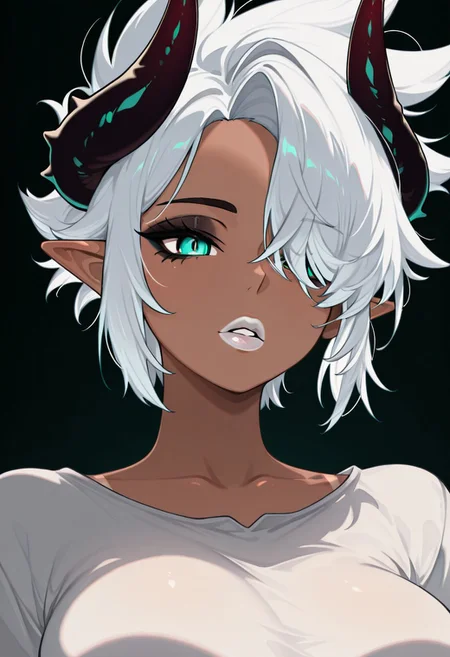 KawaiiStyleZ, masterpiece, hi-res, hdr, cell shade, 1girl, solo, large breasts, upper body, close up, parted lips, masterpiece, Pointy ears, horns, short hair, white hair, spiky hair, hair covering eye, dark eyeshadow, white lipstick, tan, dark skinned female, aqua eyes, black eyeliner