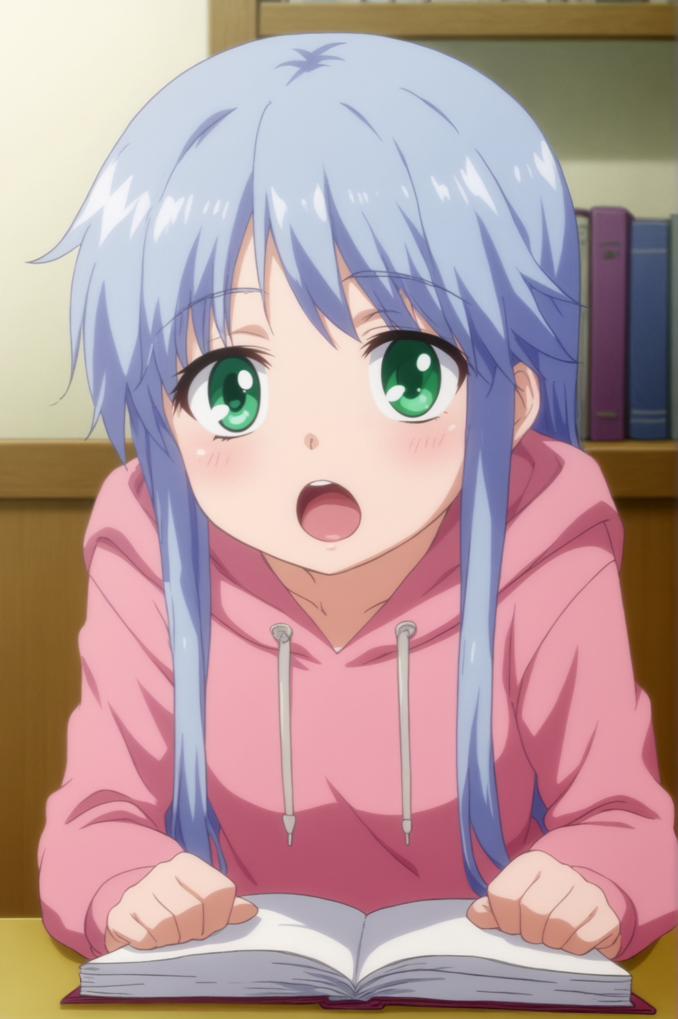 <lora:Dedicatus545:0.7>,  Dedicatus545, 1girl, solo, looking_at_viewer, open_mouth, indoors, hood, book, hoodie, safety_pin <lora:sdxl_lightning_4step_lora:1>