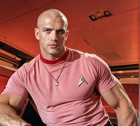 1boy, 20 year old male, Handsome, masculine, blonde, star trek, red shirt, muscle, tall, tight shirt, wide pectorals, big shoulders, wide shoulders, muscular neck, German, standing at attention, bald, big pale blue eyes, abs, biceps, serious facial expression, phaser rifle, hand, long bulge in his pants, ((((view from below)))),
1960 black dress pants, pants,
stunf, star trek uniform, uss enterprise ncc-1701 interior background, star trek, space ship interior, 1960s TV,