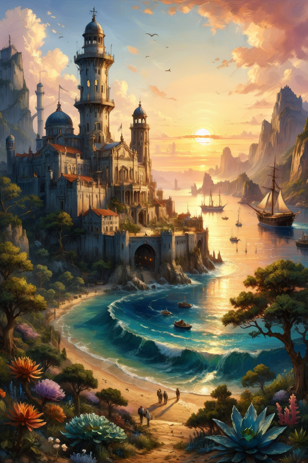 The city is situated on the sea, surrounded by a circular shape of water, creating a picturesque setting. Its overall appearance resembles a multi-layered cake, with each tier rising above the other. At the highest point of the city, water flows downward into the sea, creating a dynamic and captivating sight. The surface of the sea is dotted with anchored ships, adding to the maritime charm of the city. (sunset, gorgeous sky:1.2),
<lora:add-detail-xl:0.85>,
<lora:EnvyBetterHiresFixXL01:1.0>,
<lora:extremely_detailed:1.5>, extremely detailed,
<lora:ral-fntsyrlms-sdxl:0.8> ral-fntsyrlms,
<lora:LaxpeintXL-2.0:0.7> digital painting,