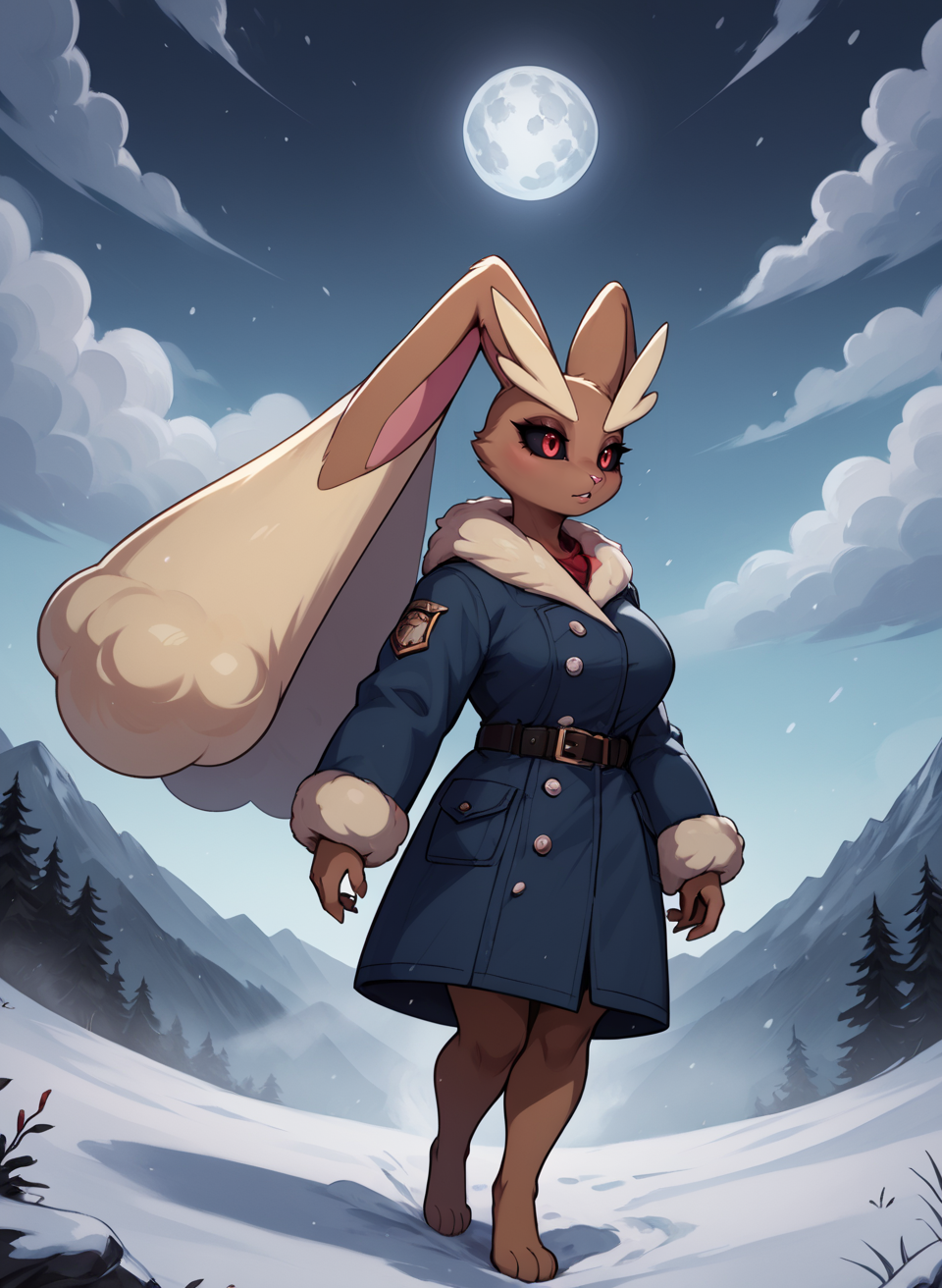 score_9, score_8_up, score_7_up, score_6_up, score_5_up, score_4_up, <lora:LopunnyPXL:1> LopunnyPXL, anthro, red eyes, black sclera, big breasts, makeup, mascara, winter coat, howling, look away, looking behind , snowy moutain, peak of the mountain, moutain summit, summit, very top of the moutain, peak, wind, snowstorm, clouds, fog, high sky, night, full moon, full body