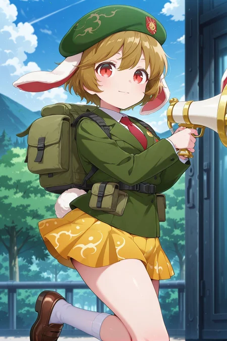 absurdres, highres, masterpiece, best quality, amazing quality, official anime artwork, screencap, anime screencap, outdoors, looking at viewer, light smile, dynamic pose,
<lora:Ringo_Illustrious:1> ringo, 1girl, solo, red eyes, brown hair, short hair, rabbit ears, floppy ears, rabbit tail,, ringo \(eagle ravi special forces\), alternate costume, green headwear, beret, green jacket, collared shirt, white shirt, red necktie, pleated skirt, yellow skirt, white socks, brown footwear, backpack, bag, lunatic gun,