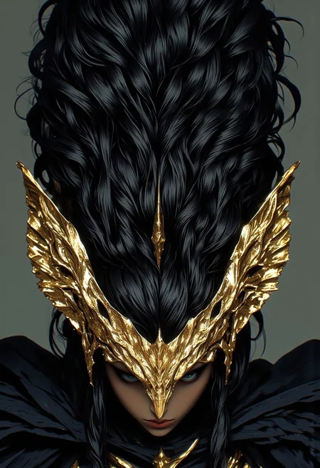 "A woman's face under a coarse mop of black hair."