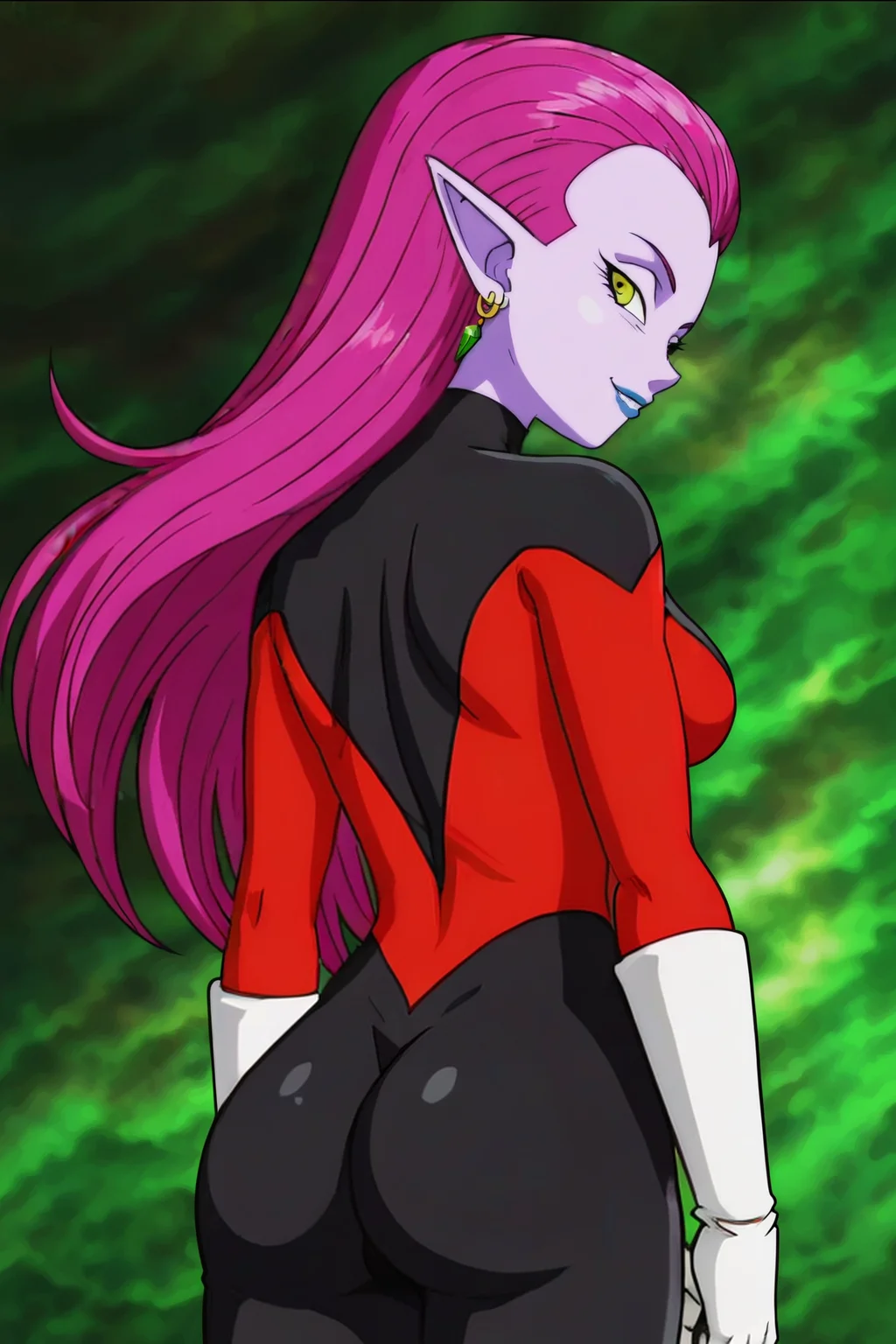 source_anime, score_9, score_8_up, score_7_up, anime screencap,
cocottedbs, high quality,
purple skin, purple hair, yellow eyes, very long hair, earrings, breasts,
bodysuit, white gloves, cowboy shot, from behind, ass focus, looking back, naughty face,
<lora:cocotte_pony_v1:0.8>