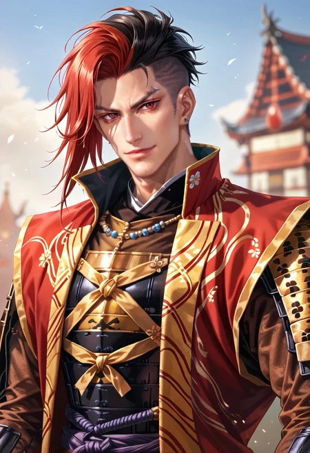 score_9,score_8_up,score_7_up,Masterpiece,Top Quality,Strong Man,Red Hair,Black Hair,Multi-Colored Hair,Evil Look,Short Hair,Shaved Sides,Long Side Bangs,Pale Skin,Red Eyes,Layered Hair,Black T-Shirt,Long Jacket <lora:Castlevania_Style_Pony:0.7> male,seductive smile,wide smile,masculine face,long haircut,mohawk,open shirt,muscles,armor,jinbaori,japanese armor.
