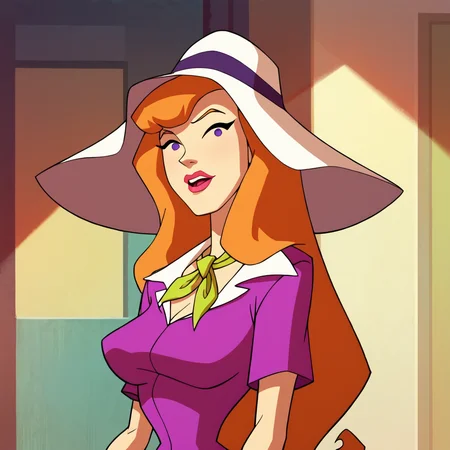 score_9, score_8_up, score_7_up, 1girl, Nan, orange hair, long hair, purple eyes, hat, lipstick, ring, large breasts, narrow waist, wide hips, looking at viewer, highres, high quality, masterpiece, <lora:Nan_Blake:1>